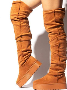 "Shallow" Tan comfortable thigh high thick sole boots