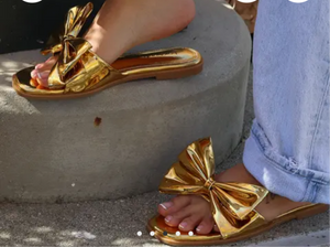"Amel" Metallic Gold/Silver Big Bow Slides