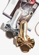 Load image into Gallery viewer, &quot;Amel&quot; Metallic Gold/Silver Big Bow Slides