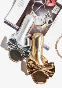 "Amel" Metallic Gold/Silver Big Bow Slides