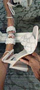 "Goalie" pearl covered strap heels