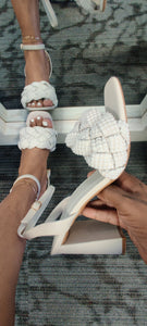 "Goalie" pearl covered strap heels