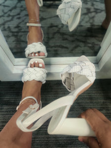 "Goalie" pearl covered strap heels
