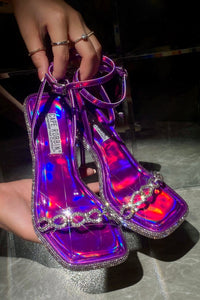"Bailee" purple rhinestone ankle strap heels