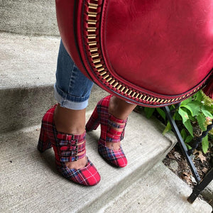 "Rachel" plaid strappy heels